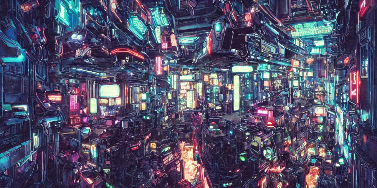Image similar to interior shot ready player one ,apartment, nightime, scifi , futuristic, neon, robots, women, neon lights, by james gurney and katsuhiro otomo