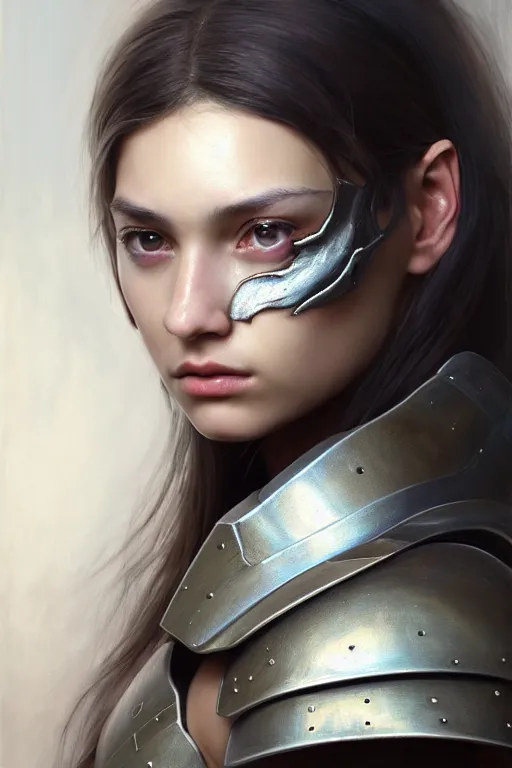 Image similar to a photorealistic painting of an attractive young girl, partially clothed in metal-plated battle armor, olive skin, long dark hair, beautiful bone structure, symmetrical face, perfect eyes, intricate, elegant, digital painting, concept art, illustration, sharp focus, minimal artifacts, from Metal Gear, in the style of Ruan Jia and Mandy Jurgens, by Greg Rutkowski, trending on Artstation, award winning