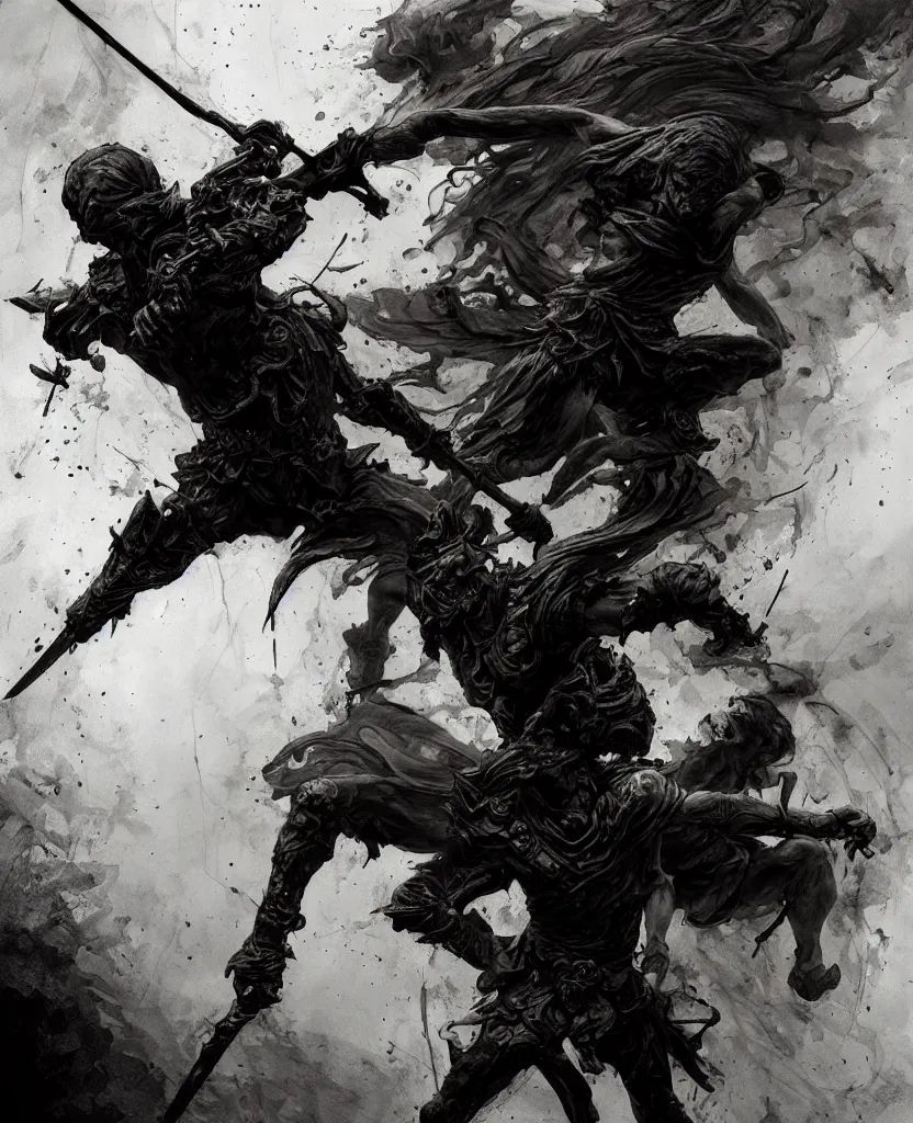 Image similar to David slaying Goliath painting, dark colors, sinister atmosphere, dramatic lighting, cinematic, establishing shot, extremely high detail, photo realistic, cinematic lighting, pen and ink, intricate line drawings, by Yoshitaka Amano, Ruan Jia, Kentaro Miura, Artgerm, post processed, concept art, artstation, matte painting, style by eddie mendoza, raphael lacoste, alex ross,