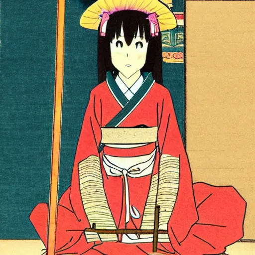 Image similar to anime art, a japanese woman holding a kanabo kneeling for an altar