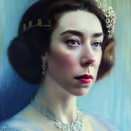 Image similar to vanessa kirby as dark - haired princess margaret, a beautiful closeup oil painting, she has tears running down her face, wet lips, perfect eyes, insanely detailed, elegant, by wlop, rutkowski, livia prima, mucha,