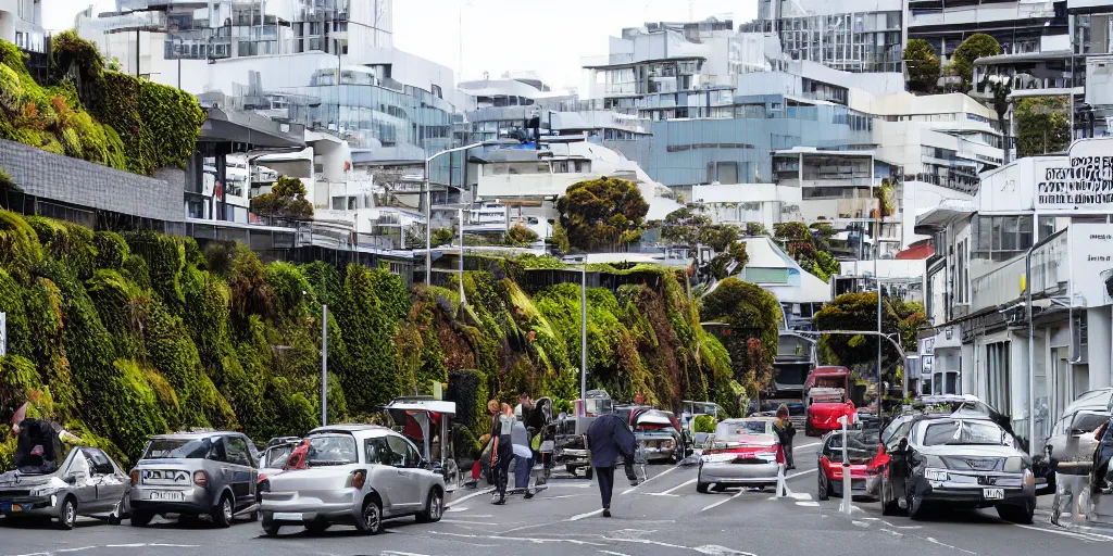 Image similar to a street in wellington new zealand where multiple buildings are covered in living walls made of endemic new zealand epiphyte species. patrick blanc. people walking on street. cars parked. windy day. 2 5 0 meter high hills in distance