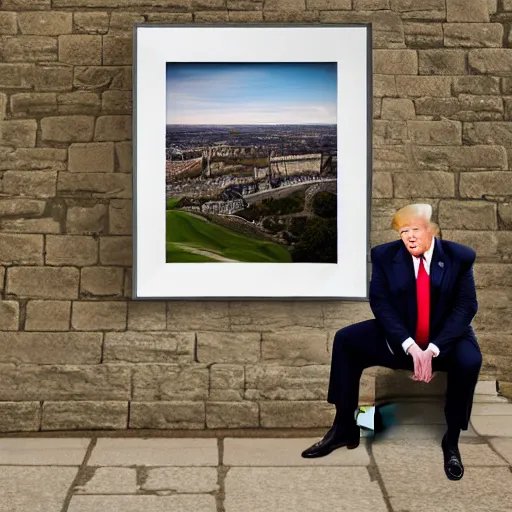 Image similar to donald trump sitting on almscliff crag in leeds england 8k highly detailed photograph, award winning, beautiful lighting, daytime view