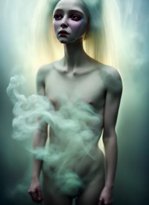 Prompt: cinestill 5 0 d photo of delicate, dreamy, feminine, subsurface scattering, young beautiful bio - mechanical cyborg in cosmos, long white hair floating in air, fluid smoke art, octane render, dino valls, mark ryden, joe fenton, michal karcz, opal lighting, very coherent, hyper realism, 8 k