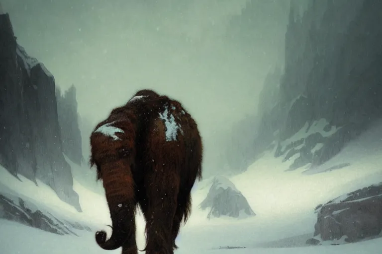 Image similar to a mammoth walking in a terrible snowstorm, luminous sky, by greg rutkowski and alphonse mucha, gradient brown to white, rocky mountains background, highly detailed landscape, digital painting, artstation, concept art, smooth, sharp focus illustration