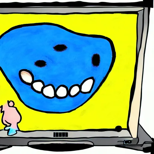 Image similar to child's drawing of a person with big tongue wet licking the monitor screen