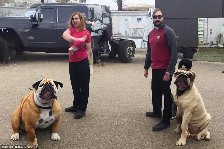 Prompt: a person standing next to a giant bulldog and the bulldog is five times taller then the person