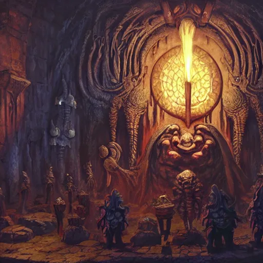 Prompt: xanathar the beholder in a dungeon, d & d, fantasy, greg rutkowski, frank frazetta, alexandre chaudret, boris vallejo, michael whelan, miro petrov, hr giger, magali villeneuve, donato giancola