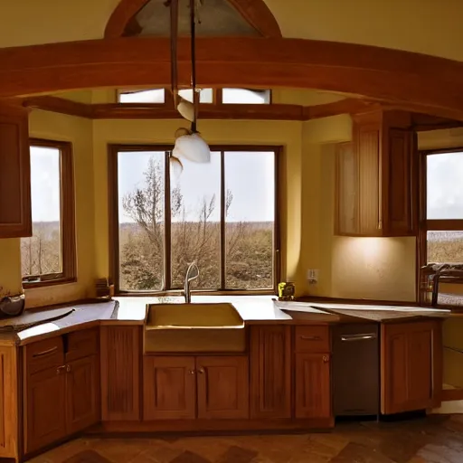 Image similar to kitchen, with cabinets in background, sunrise, large round window,