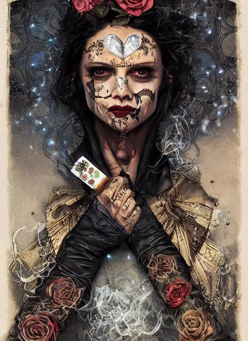 Image similar to tarot card :: horror :: hearts and roses :: cigarettes and smoke :: gold and silver :: guns and swords :: side profile :: highly details :: intricate details :: Sandra Chevrier and bastien lecouffe deharme