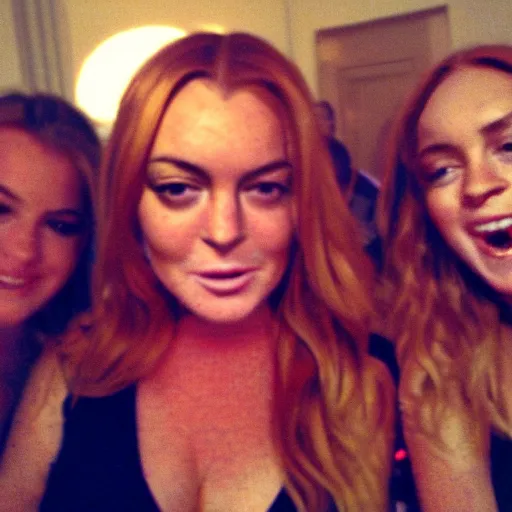 Image similar to Selfie photograph of Lindsay Lohan and Lindsay Lohan, golden hour, 8k,