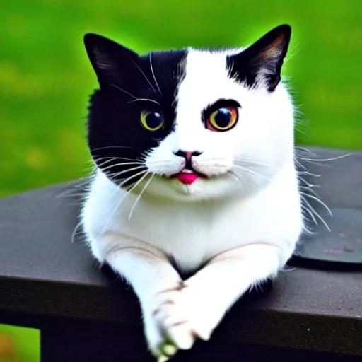 Image similar to tuxedo cat, white cheeks, white paws, yellow eyes, playful, young, catch fly, h 6 4 0