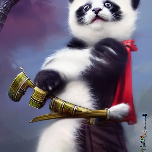 Prompt: cute kitten with panda body and cat face, in a kimono, holds a sword, artwork by greg rutkowski, highly detailed, matte painting, magic the gathering 4 k