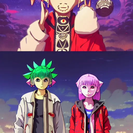 Image similar to majora majora's mask wearing oversized mayan bomber jacket with overalls, bulky poofy bomber jacket with mayan patterns, aztec street fashion, genshin impact art style, gapmoe yandere grimdark, trending on pixiv fanbox, painted by greg rutkowski makoto shinkai takashi takeuchi studio ghibli, akihiko yoshida