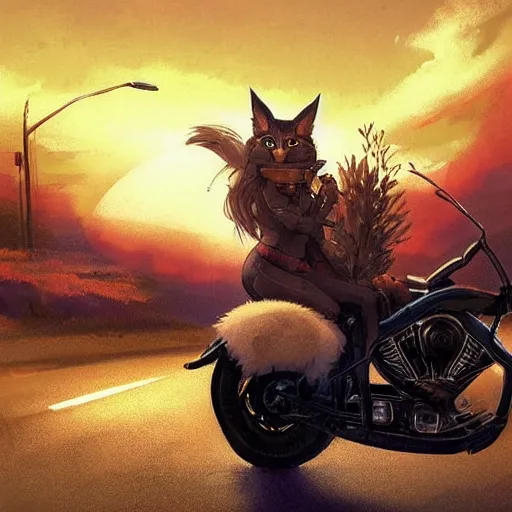 Image similar to cute fluffy caracal riding a harley motorcycle, road, sunset. adventurous, atmospheric lighting, stunning. by makoto shinkai, rossdraws, james jean, andrei riabovitchev, marc simonetti, krenz cushart, trendig on artstation, digital art