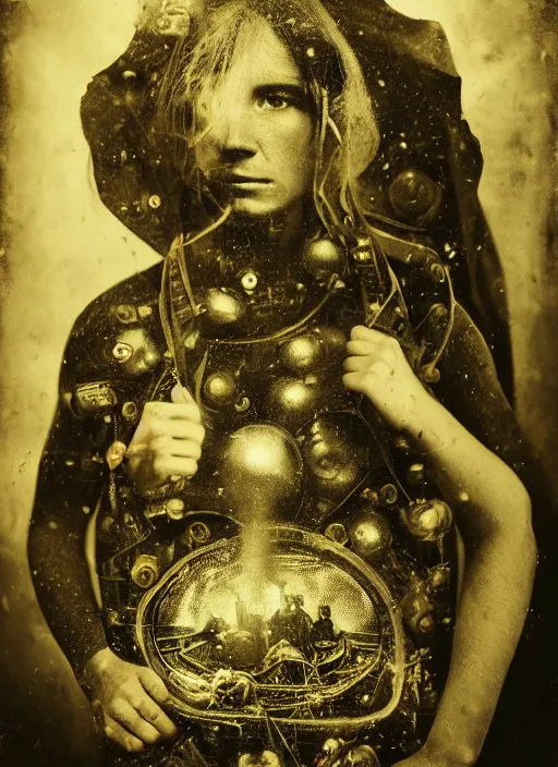 Image similar to old wetplate daguerreotype portrait of the birth of a super hero, explosion of data fragments, fractal, intricate, elegant, highly detailed, parallax, leica, medium format, subsurface scattering, by jheronimus bosch and greg rutkowski and louis jacques mande daguerre