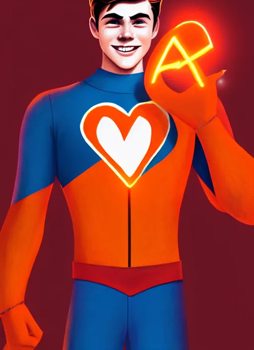 Image similar to friendly teenage archie andrews wearing an orange superhero costume with heart logo, freckles, pureheart the powerful, heart emblem on chest, cape, intricate, elegant, glowing lights, highly detailed, digital painting, artstation, sharp focus, illustration, art by wlop, mars ravelo and greg rutkowski