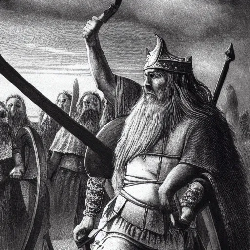 Prompt: varg vikernes as a viking, ascending to valhalla, mezzotint