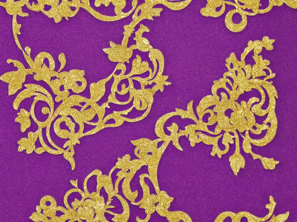 Prompt: Rich purple paper with delicate gold embossed borders, a card that is an invitation to a masquerade ball, intricate, beautiful, opulent