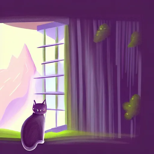 Image similar to a beautiful landscape including a waterfall and a forest through a window, cat sitting on the edge of the window, illustration, digital art, trending on artstation, no signature