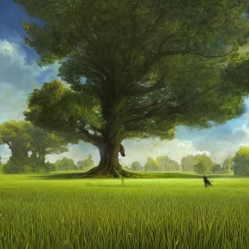 Prompt: grass field with giant trees and flying mystical creatures, by james gurney,Trending on artstation, digital art,