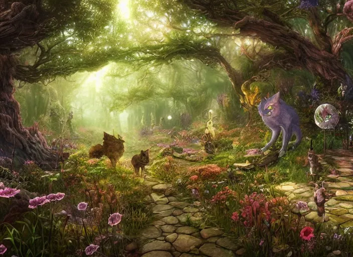 Prompt: desktop background, magical fantasy forest, magical cat creatures, path traced, highly detailed, high quality, digital painting, by studio ghibli, lise deharme, alexander jansson, paul lehr, tim white, hans zatzka, george stubbs, louis wain