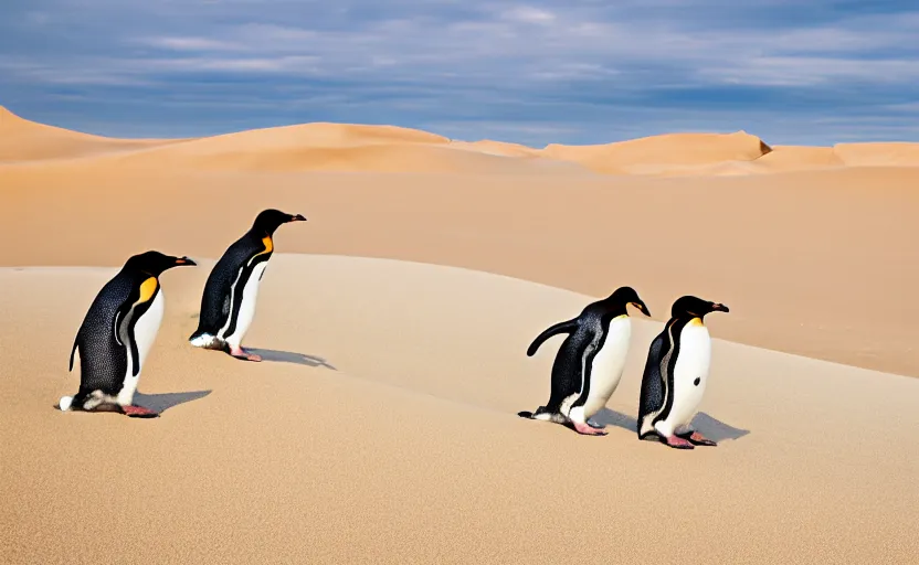Prompt: penguins in sand dunes, photography