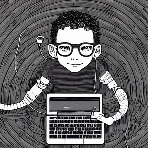 Prompt: illustration of a boy connected to his laptop with hundreds of wires, highly detailed, by butcher billy, mcbess, rutkowski, artgem, james jean, 8 k, photorealistic