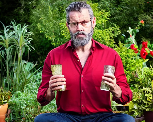 Image similar to mr robert is drinking fresh tea, smoke pot and meditate in a garden from spiral mug, detailed glad face, power arms, golden hour closeup photo, red elegant shirt, eyes wide open, ymmm and that smell