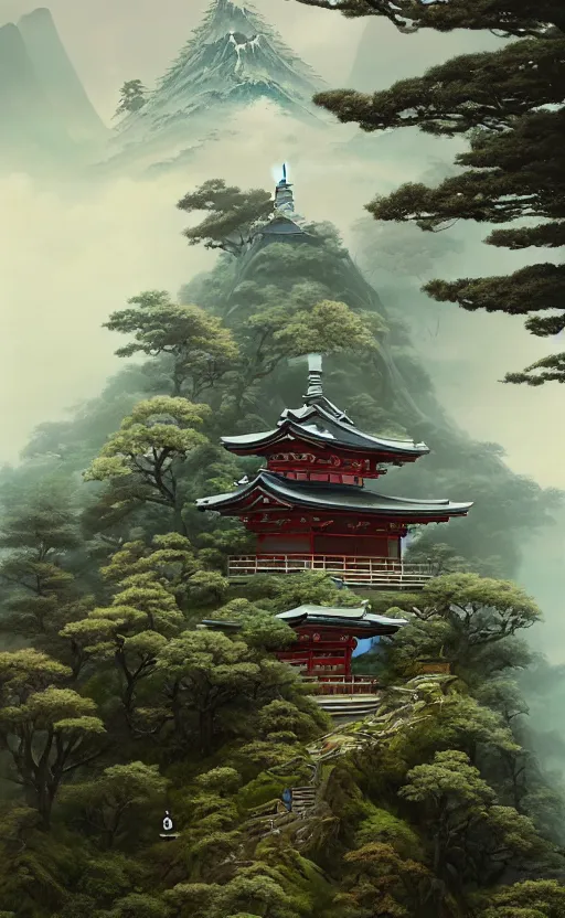 Image similar to japanese style shrine on top of a misty mountain overgrown, hyper realistic, lush gnarly plants, 8 k, denoised, by greg rutkowski, tom bagshaw, james gurney cinematic lighting