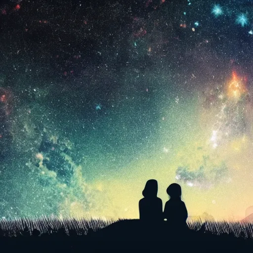 Prompt: a beautiful landscape showing mountains, stars and galaxies in the background. The silhouet of a young couple sits in the foreground, anime style