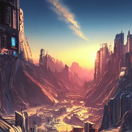 Image similar to beautiful sunset over detailed cyberpunk city in a valley surrounded by epic mountains with snowtops, sharp, highly detailed, hyperrealistic, kacper niepokolczycki, syd mead, 4 k, perfect geometry