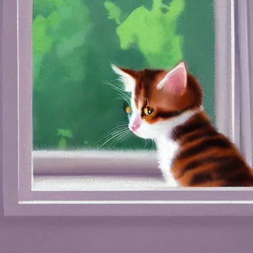 Image similar to cute calico kitten looking out of the window on a [ [ [ [ beautiful ] ] ] ] summer day, storybook art, detailed, cute, profile shot, featured on artstationg, gorgeous!!!