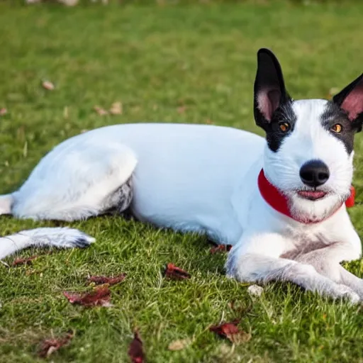 Prompt: old smooth fox terrier with a white and black coat, red collar, white tail, lying in the sun