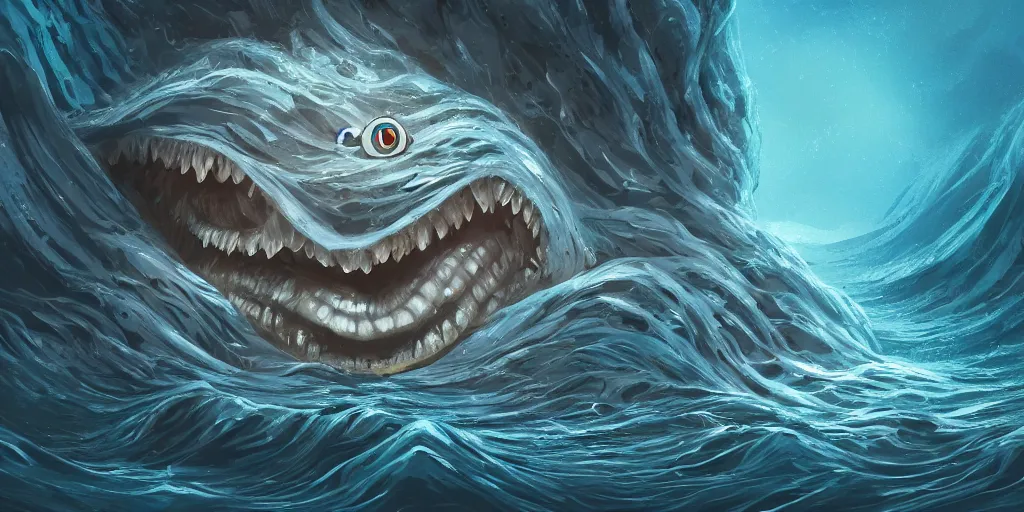 Image similar to of a stormy ocean with strange cute friendly happy creatures with huge eyes, mouth, long tongue, round teeth and goofy face, appearing from the background, in the style of gehry and gaudi, macro lens, shallow depth of field, ultra detailed, digital painting, trending artstation, concept art, illustration, cinematic lighting, photorealism, epic, octane render