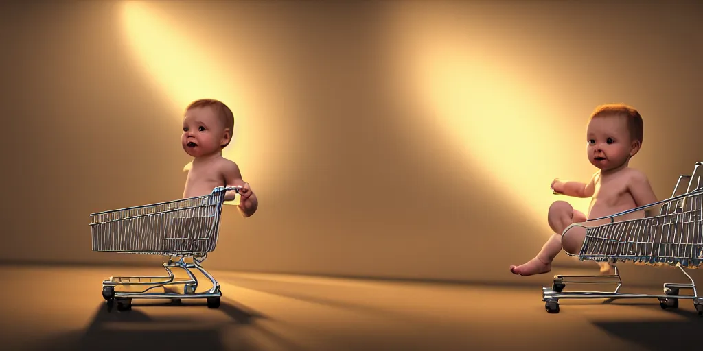 Image similar to beer drinking baby in diapers with a shopping cart, dim volumetric lighting, 8 k octane beautifully detailed render, post - processing, extremely hyper - detailed, intricate, epic composition, cinematic lighting, masterpiece, detailed detailed detailed, masterpiece, stunning art, wonderful masterpiece, beautiful cinematic light