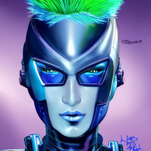 Prompt: beautiful futuristic cyber punk woman, photo realistic, hyper detailed, comic book illustration, blue mohawk, green eyes, voluptuous