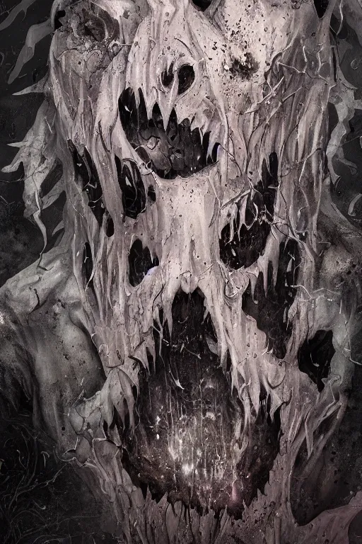 Prompt: a cursed ghoul covering its face while surrounded by spirits, mixed media, digital art, trending on artstation, 8k, epic composition, highly detailed, AAA graphics