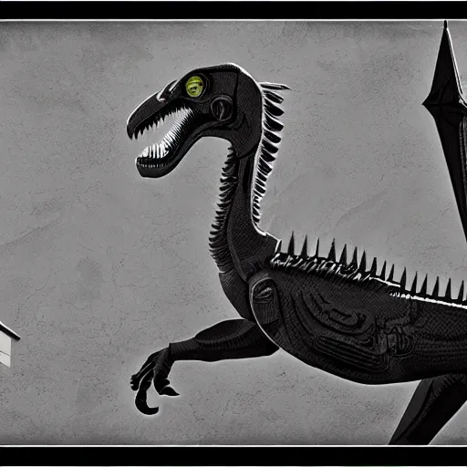 Image similar to a detailed matte painting of a cyborg nazi velociraptor in nazi occupied france, 8 k, artstation, art in a noir crime novel style