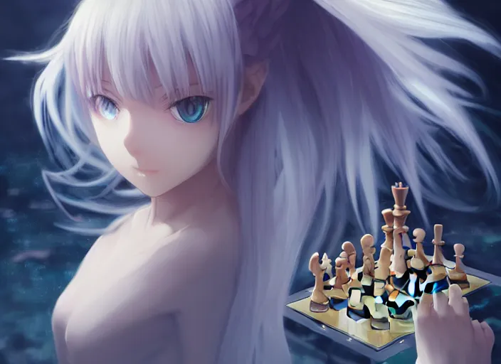 Image similar to rimuru playing chess, with amber eyes of golden colored eyes, straight hair, sky blue hair, long bangs, high collar, concept art, award winning photography, digital painting, cinematic, by wlop, anime key visual, wlop, 8 k, by ross tran, tom bagshaw, andy warhol