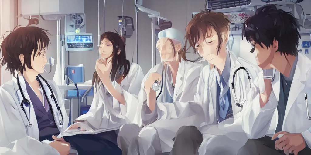 Image similar to a cute and beautiful young female doctor wearing white coat are talking with a handsome young man wearing white coat in a hospital ward, highly detailed, digital painting, slice of life anime, illustration, anime scenery by Makoto shinkai