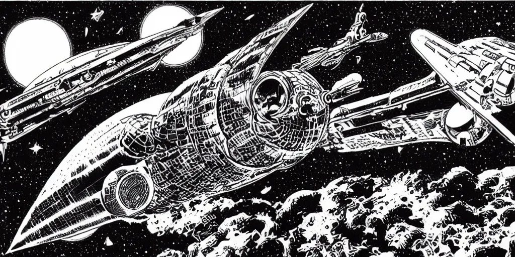 Prompt: spaceship in space flying to the mars by joe fenton and virgil finlay