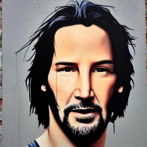 Prompt: Street-art portrait of Keanu Reeves in style of Banksy, photorealism