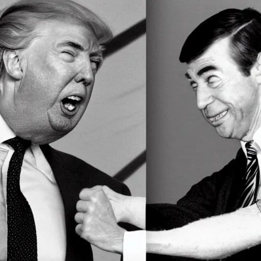 Prompt: Mr. Rogers sparring with Donald Trump in the karate style of Wado-ryu, neon karate gi