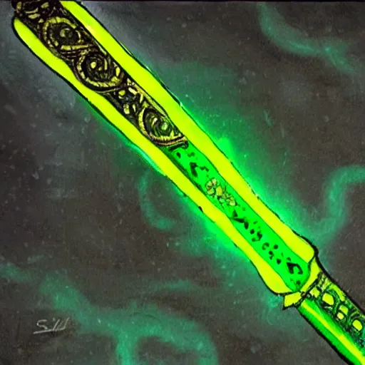 Image similar to Oil painting concept art of a magical acid sword glowing bright green, very intricate hilt, green color scheme, highly detailed concept art.