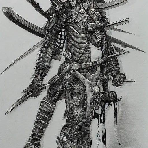 Image similar to japanese futuristic warrior with many scars, high detail, hyperdetailed, hard ink, no pencils, drawing