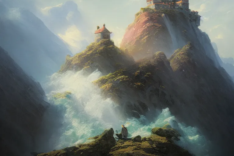 Image similar to castle at the top of a magical mountain, waterfall below, oil painting by Ivan Aivazovsky and Greg Rutkowski, artstation, fantasy, intricate, beautiful, cinematic, octane render, arnold render, 8k, hyper realism, detailed, sharp focus, 4k uhd