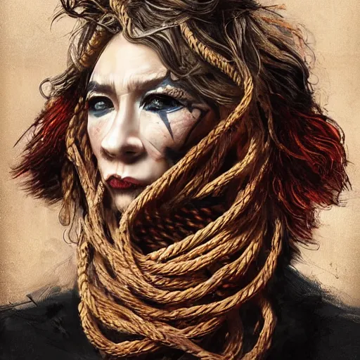 Image similar to portrait of a Shibari rope wrapped face and neck, headshot, insanely nice professional hair style, dramatic hair color, digital painting, of a old 15th century, old cyborg merchant, amber jewels, baroque, ornate clothing, scifi, realistic, hyperdetailed, chiaroscuro, concept art, art by Franz Hals and Jon Foster and Ayami Kojima and Amano and Karol Bak,