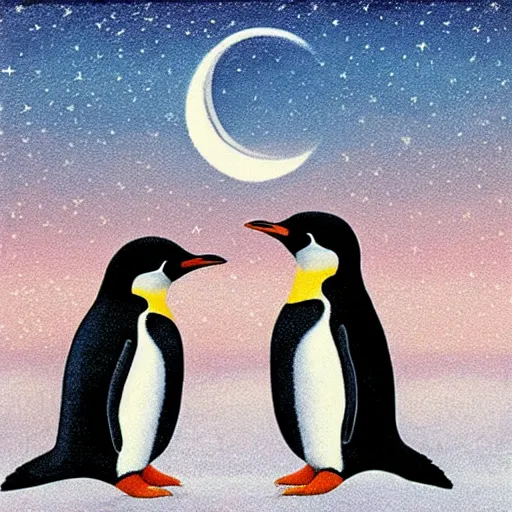 Prompt: Two penguins and a penguin baby, moon, grassland, starry sky, sea ,artwork by Quint Buchholz .