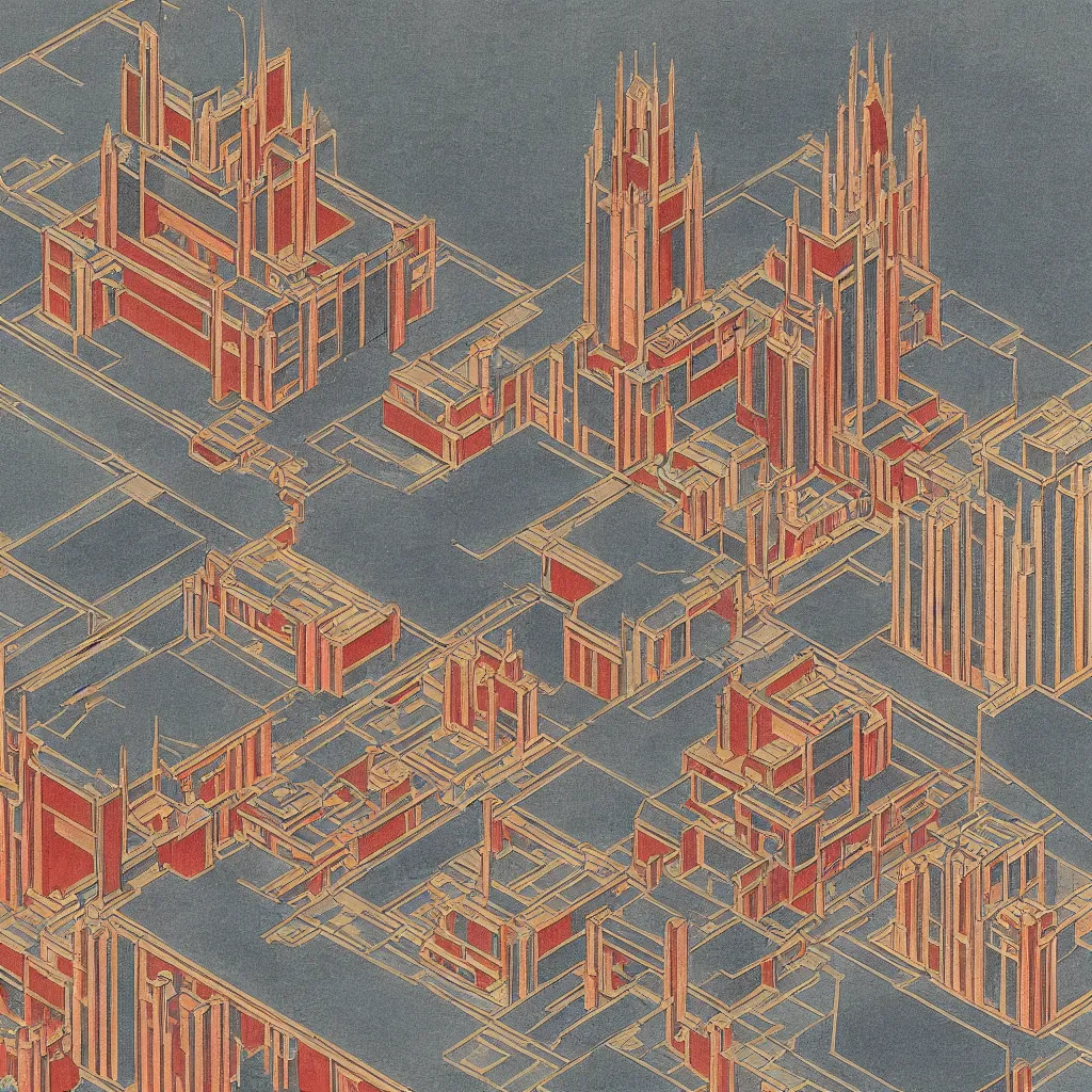 Image similar to isometric artdeco tokyo cathedral by frank lloyd wright, isometric, painted by piet mondrian